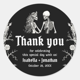 Pegatina Redonda Black and White Gothic Halloween Skeleton Wedding