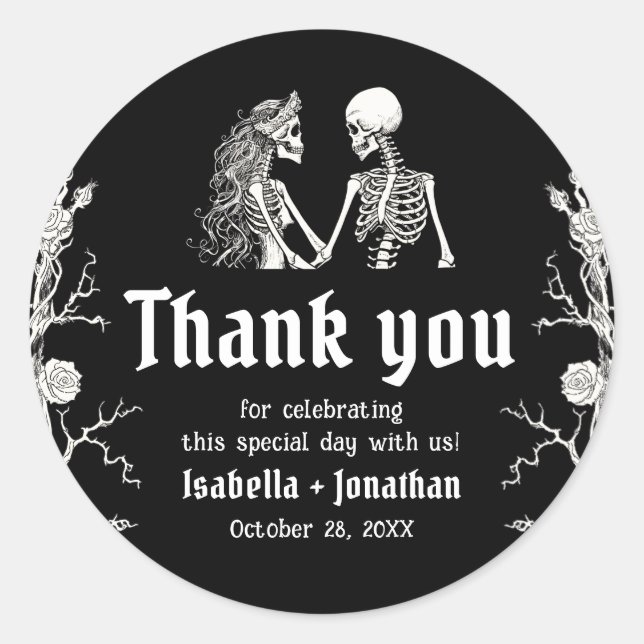 Pegatina Redonda Black and White Gothic Halloween Skeleton Wedding (Anverso)