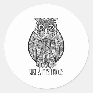 Pegatina Redonda Black and White Mandala Owl Illustration with Text