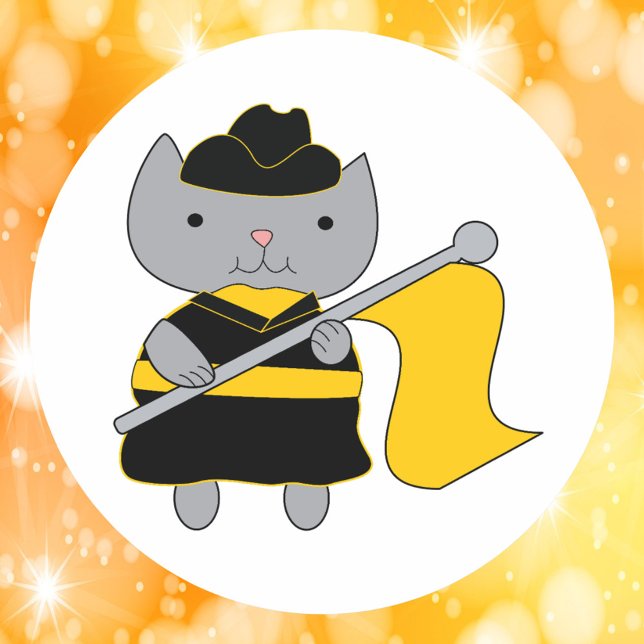 Pegatina Redonda Black and Yellow Color Guard Cat (A sticker featuring a gray cat wearing a black & yellow gold color guard uniform with a yellow flag.)