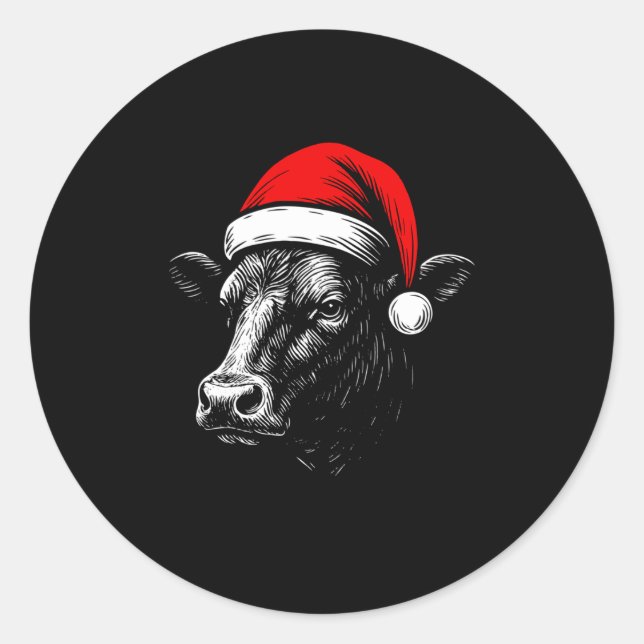 Pegatina Redonda Black Angus Rancher Christmas Cow Santa Hat Farmer (Anverso)