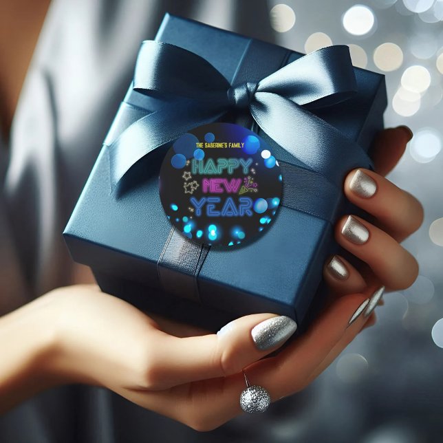 Pegatina Redonda Black & Blue Midnight Sparkle Neon Glow New Year  (Subido por el creador)