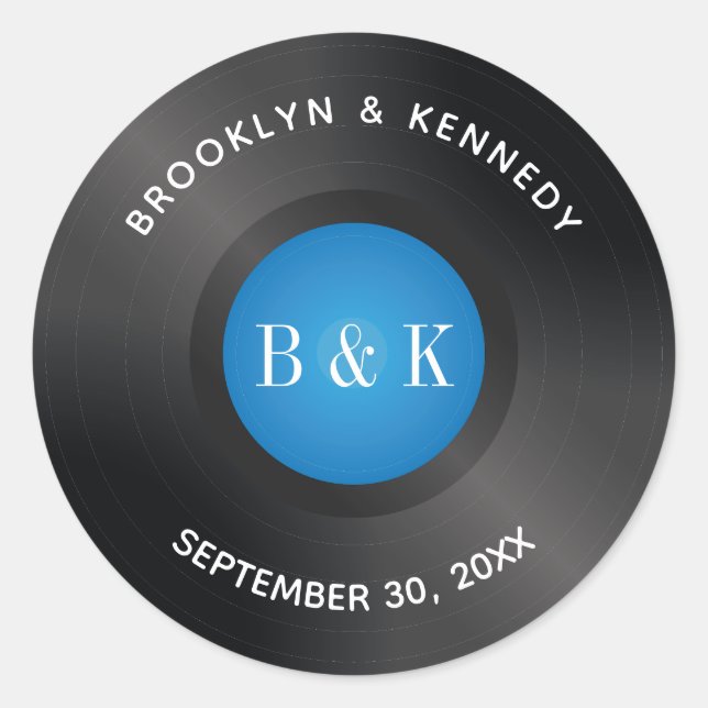 Pegatina Redonda Black Blue Rock N Rollo Monograma Nombre Vinyl Rec (Anverso)