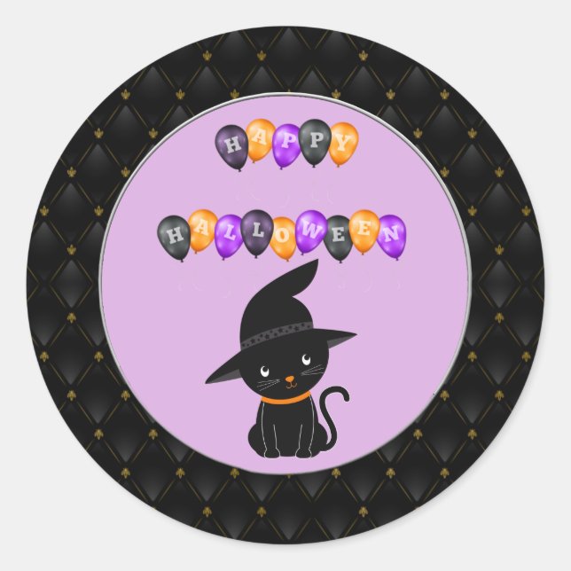 Pegatina Redonda Black Border Cat Feliz Globos de Halloween (Anverso)