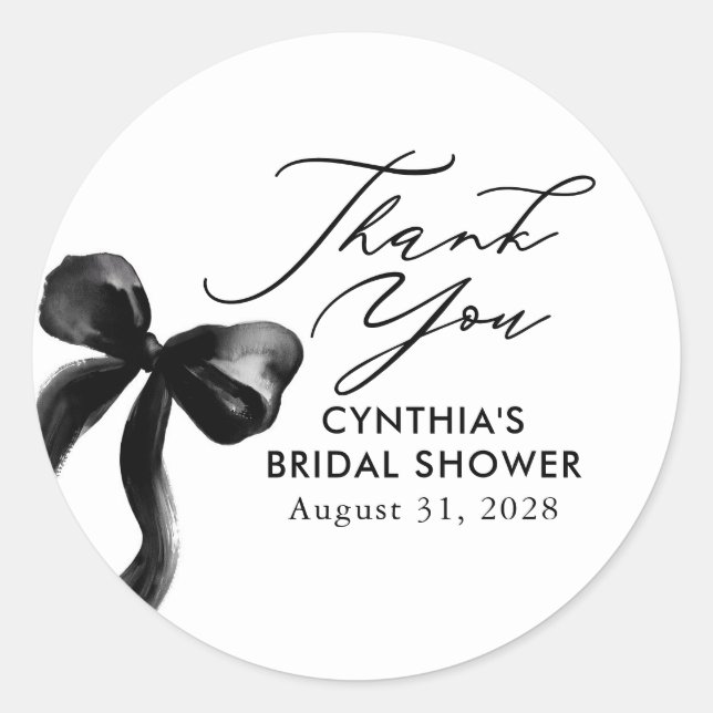 Pegatina Redonda Black Bow Bridal Shower Favor Gracias (Anverso)
