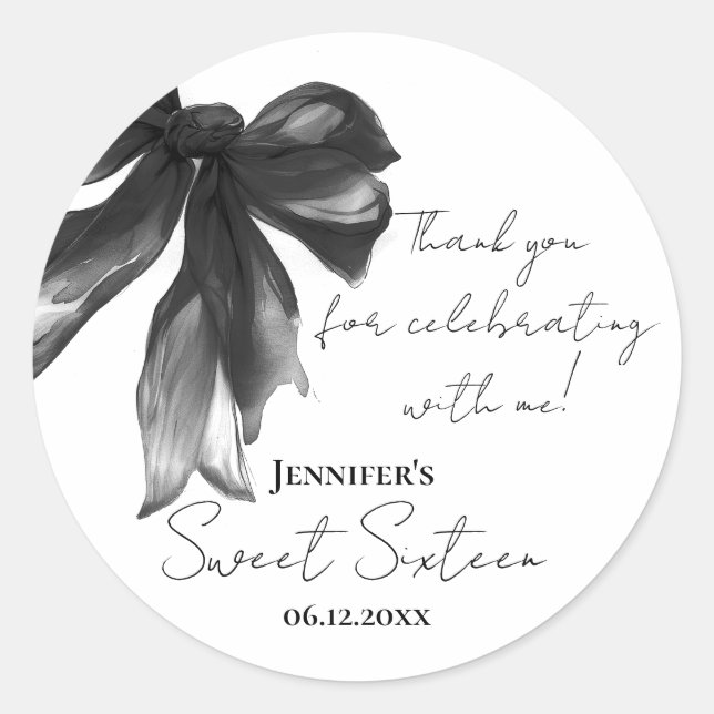 Pegatina Redonda Black Bow Coquette Script Dulces 16 Gracias (Anverso)