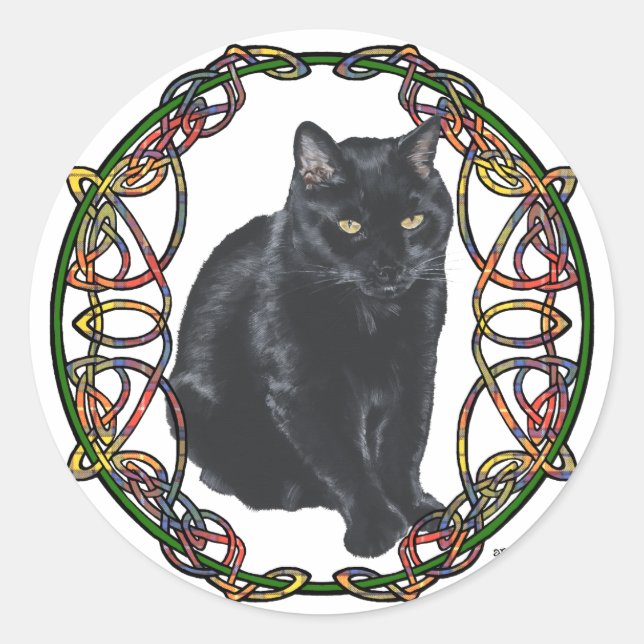 Pegatina Redonda Black Cat Celtic Knotwork (Anverso)