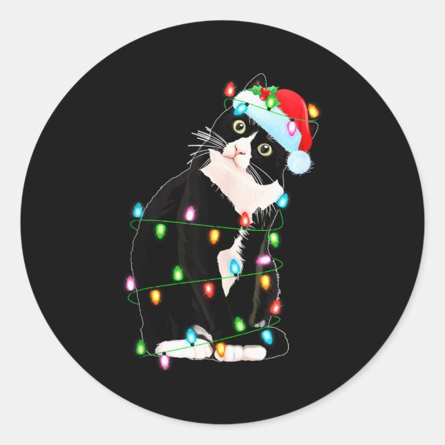 Pegatina Redonda Black Cat Christmas Lights Funny Santa Hat Black C (Anverso)