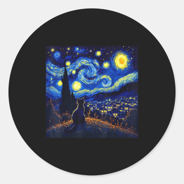 Pegatina Redonda Black Cat Funny Cat Lover Mom Daddy Starry Night V (Anverso)