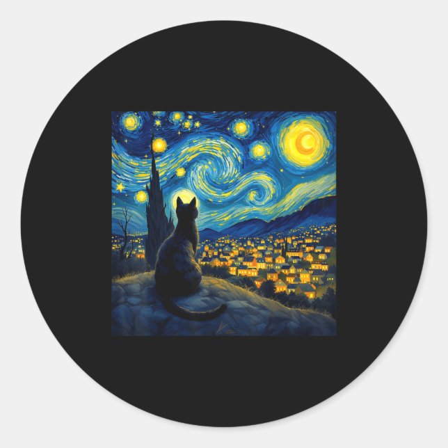 Pegatina Redonda Black Cat Funny Cat Lover Mom Daddy Starry Night V (Anverso)