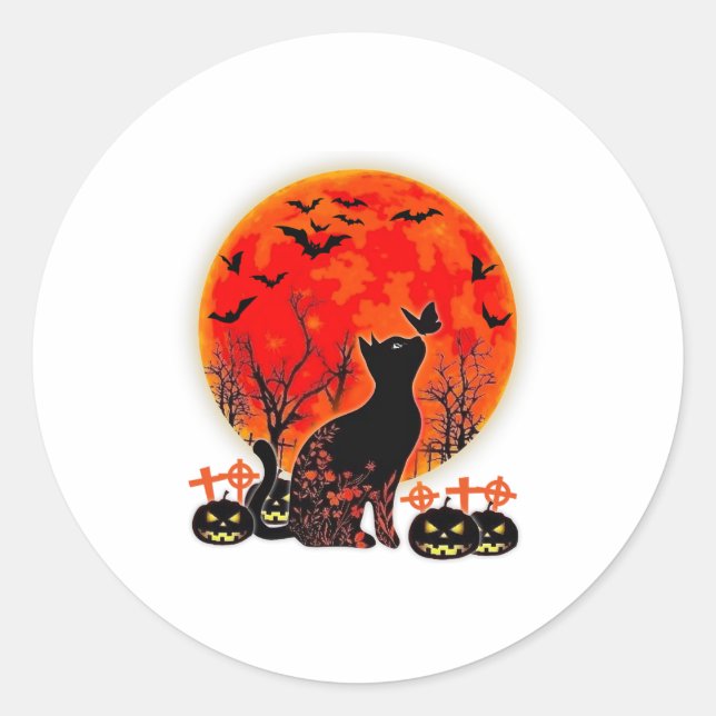 Pegatina Redonda Black Cat Halloween Calabaza Moon Spooy (Anverso)