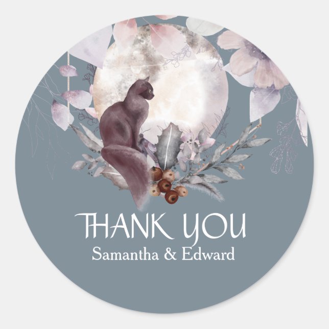 Pegatina Redonda Black cat luna llena luna dusky azul floral gracia (Anverso)