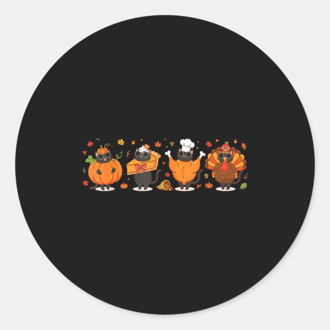 Pegatina Redonda Black Cat Pumpkin E Turkey Thanksgiving Fall Cat L (Anverso)