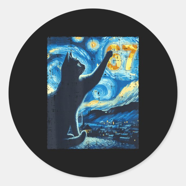 Pegatina Redonda Black Cat Starry Night Van Gogh Cat 67 Six Seven M (Anverso)