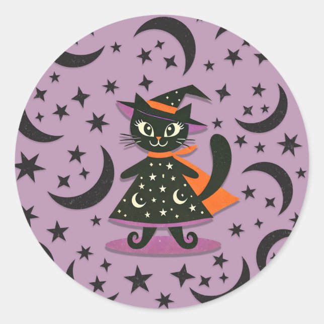 Pegatina Redonda Black Cat Witch Purple Moon Stars Halloween Party (Anverso)