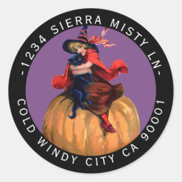 Pegatina Redonda Black Cat Witch Return Address Vintage Halloween
