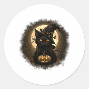 Pegatina Redonda Black Cat Witchkin Pumpkin Moon Spooky Halloween W