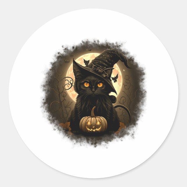 Pegatina Redonda Black Cat Witchkin Pumpkin Moon Spooky Halloween W (Anverso)