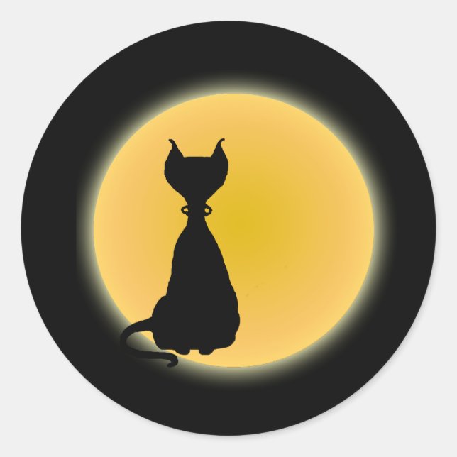 Pegatina Redonda Black Cat & Yellow Moon Halloween Art (Anverso)