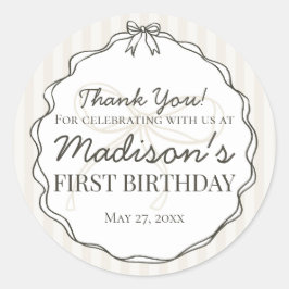 Pegatina Redonda Black Coquette Bow Beige Striped Birthday Favor