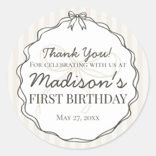 Pegatina Redonda Black Coquette Bow Beige Striped Birthday Favor