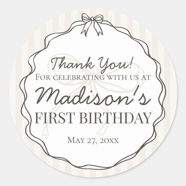 Pegatina Redonda Black Coquette Bow Beige Striped Birthday Favor (Anverso)