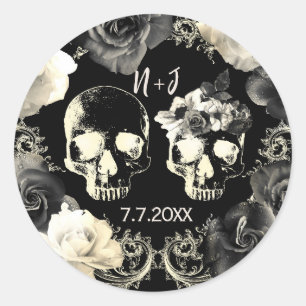 Pegatina Redonda Black Cream Gris Esqueleto Calavera Cráneo Gótico 