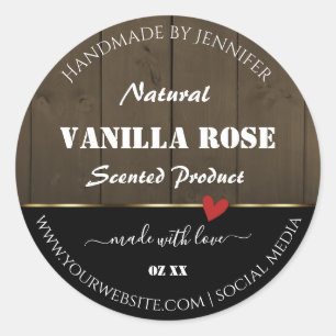 Pegatina Redonda Black Dark Brown Wood Grain Product Labels Heart