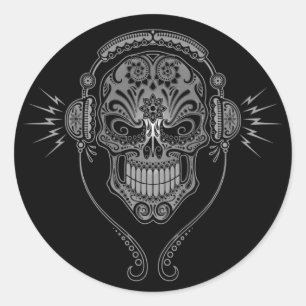 Pegatina Redonda Black DJ Sugar Skull