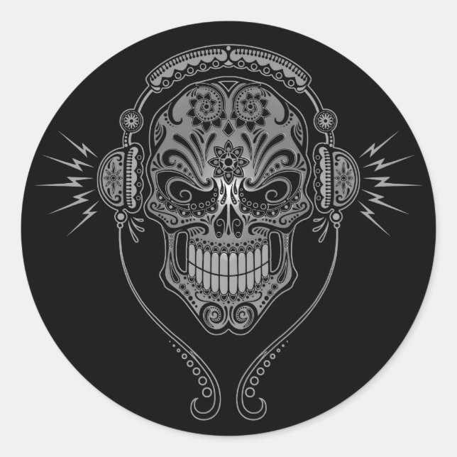 Pegatina Redonda Black DJ Sugar Skull (Anverso)