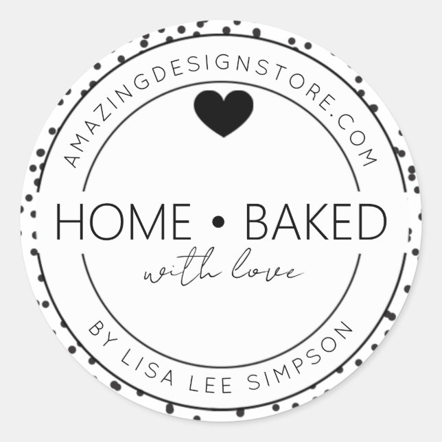 Pegatina Redonda Black dots Home baked With Love Heart  (Anverso)