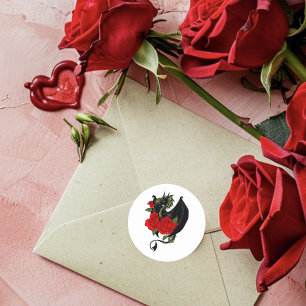 Pegatina Redonda Black Dragon Red Roses Fantasy
