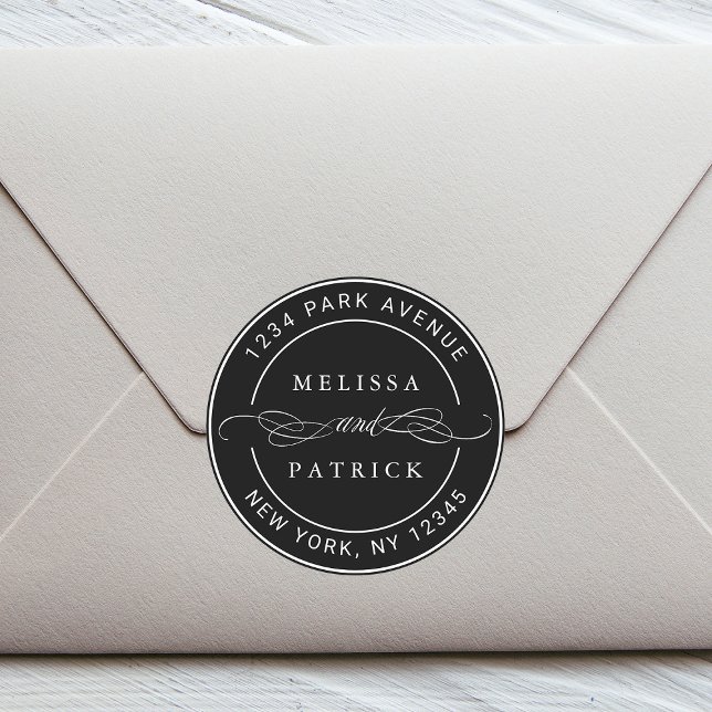 Pegatina Redonda Black Elegent Couple Names Boda Dirección de devol (Subido por el creador)