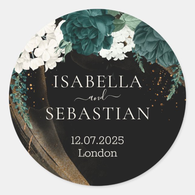 Pegatina Redonda Black Emerald Green Rose Floral Wedding (Anverso)