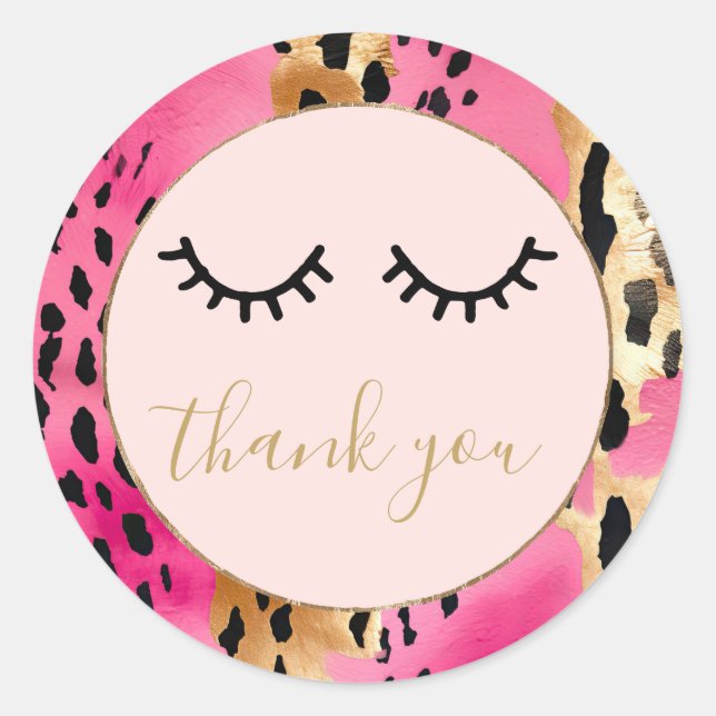 Pegatina Redonda Black Eyelashes Pink Gold Leopard Gracias (Anverso)