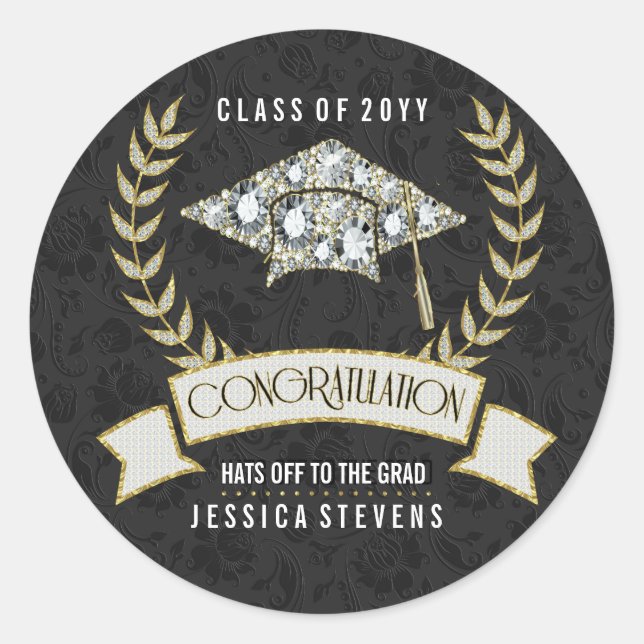 Pegatina Redonda Black&Faux Damsons Y Gorra De Graduación De Oro (Anverso)