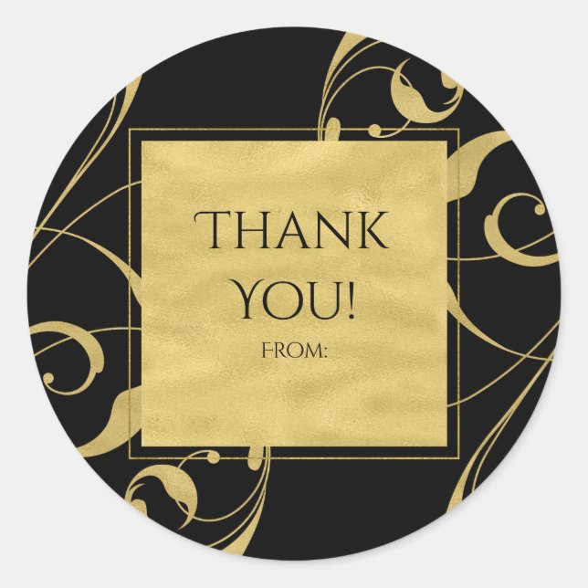Pegatina Redonda Black & Faux Gold Floral Swirl Elegant Wedding (Anverso)