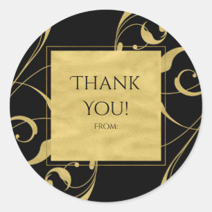 Pegatina Redonda Black & Faux Gold Floral Swirl Elegant Wedding
