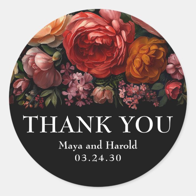 Pegatina Redonda Black Floral Botanical Moody Dutch Gracias (Anverso)