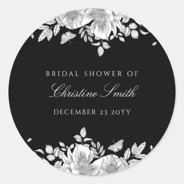 Pegatina Redonda Black Floral Line Art Bridal Shower (Anverso)