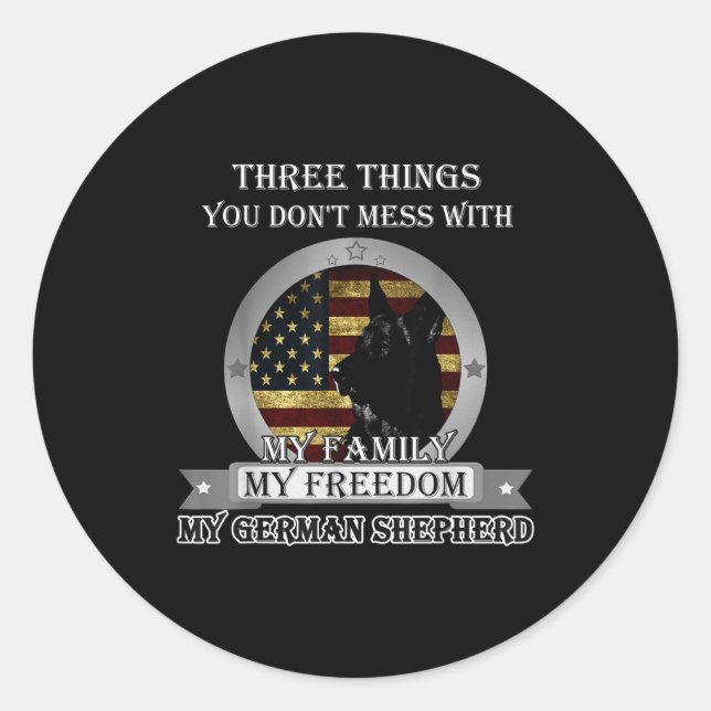 Pegatina Redonda Black German Shepherd American Flag Three Things Y (Anverso)