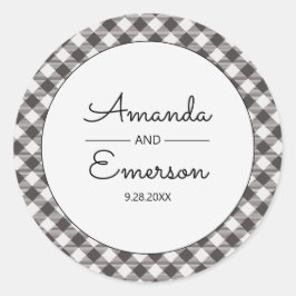 Pegatina Redonda Black Gingham Check Casual Custom Wedding Favor