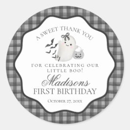 Pegatina Redonda Black Gingham Cute Boo Ghost Birthday Party Favor