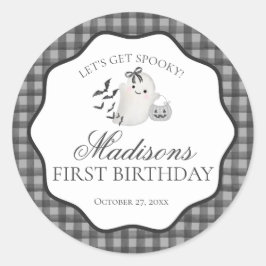 Pegatina Redonda Black Gingham Little Boo Ghost Birthday Party Seal
