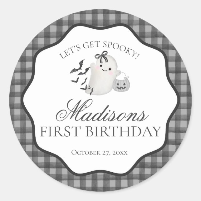 Pegatina Redonda Black Gingham Little Boo Ghost Birthday Party Seal (Anverso)