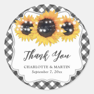 Pegatina Redonda Black Gingham Rustic Sunflower Floral Gracias