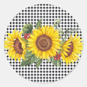 Pegatina Redonda Black Gingham Sunflower Party Favor
