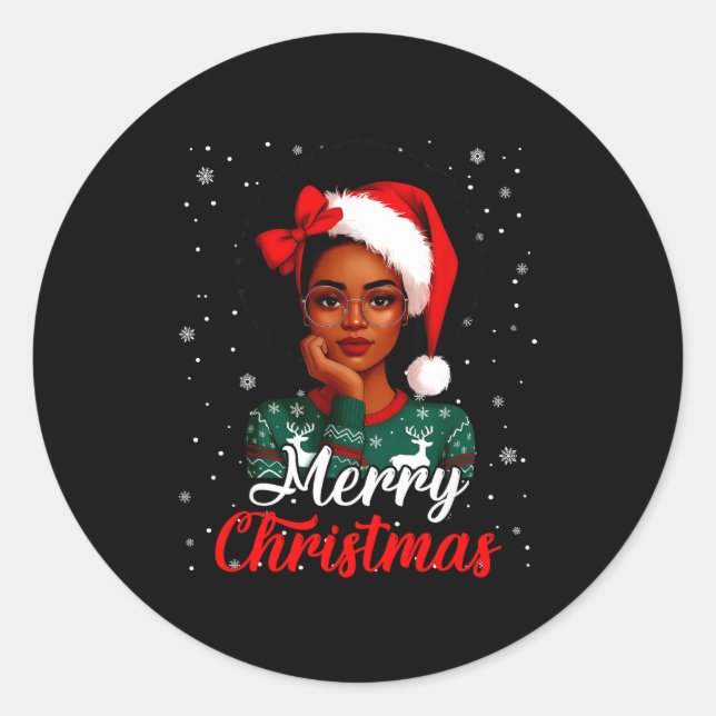 Pegatina Redonda Black Girl Afro Santa Hat Merry Christmas African  (Anverso)
