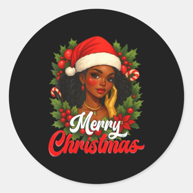 Pegatina Redonda Black Girl Santa Hat Merry Christmas Pajama Africa (Anverso)