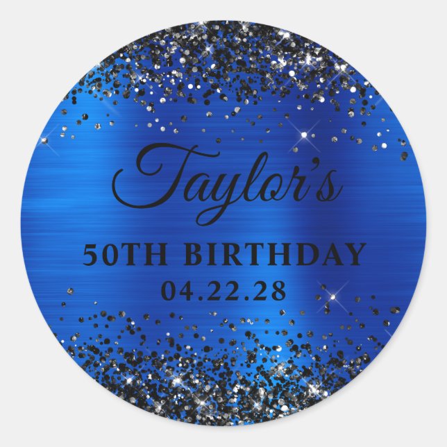 Pegatina Redonda Black Glitter Royal Blue Foil 50th Birthday (Anverso)